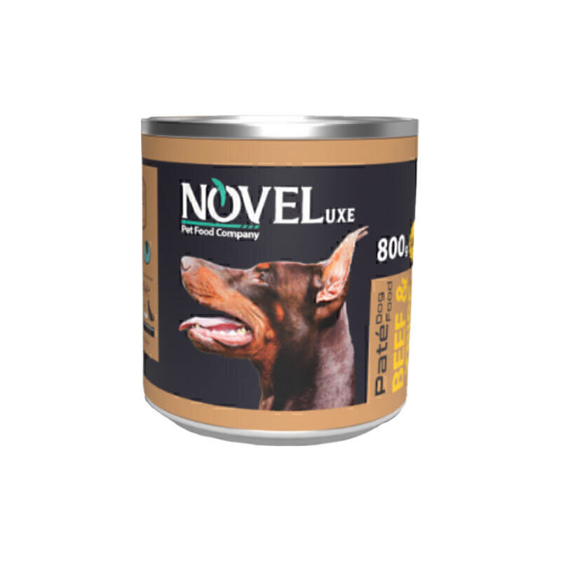  عکس بسته بندی قدیمی کنسرو غذای سگ نوول با طعم گوشت گاو و سیرابی Novel Pate With Beef & Trip وزن 800 گرم از نمای رو به رو 