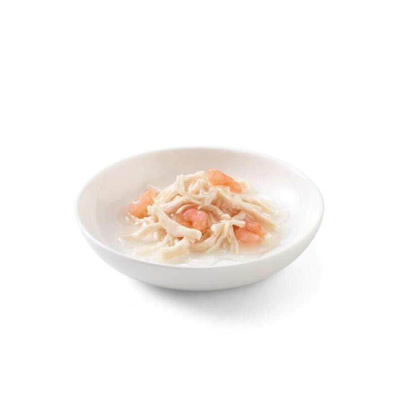  تصویر محتویات کنسرو غذا گربه شسیر با طعم مرغ و میگو در سس وزن 70 گرم 