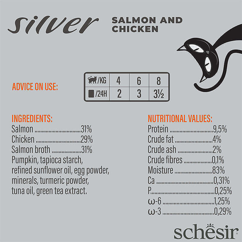 عکس توضیحات پوچ گربه سیلور شسیر با طعم ماهی سالمون و مرغ Schesir Silver Mousse Chicken & Salmon وزن 80 گرم