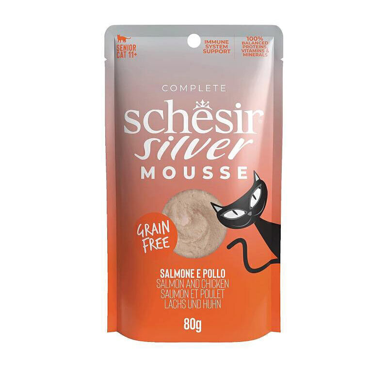عکس بستهبندی پوچ گربه سیلور شسیر با طعم ماهی سالمون و مرغ Schesir Silver Mousse Chicken & Salmon وزن 80 گرم