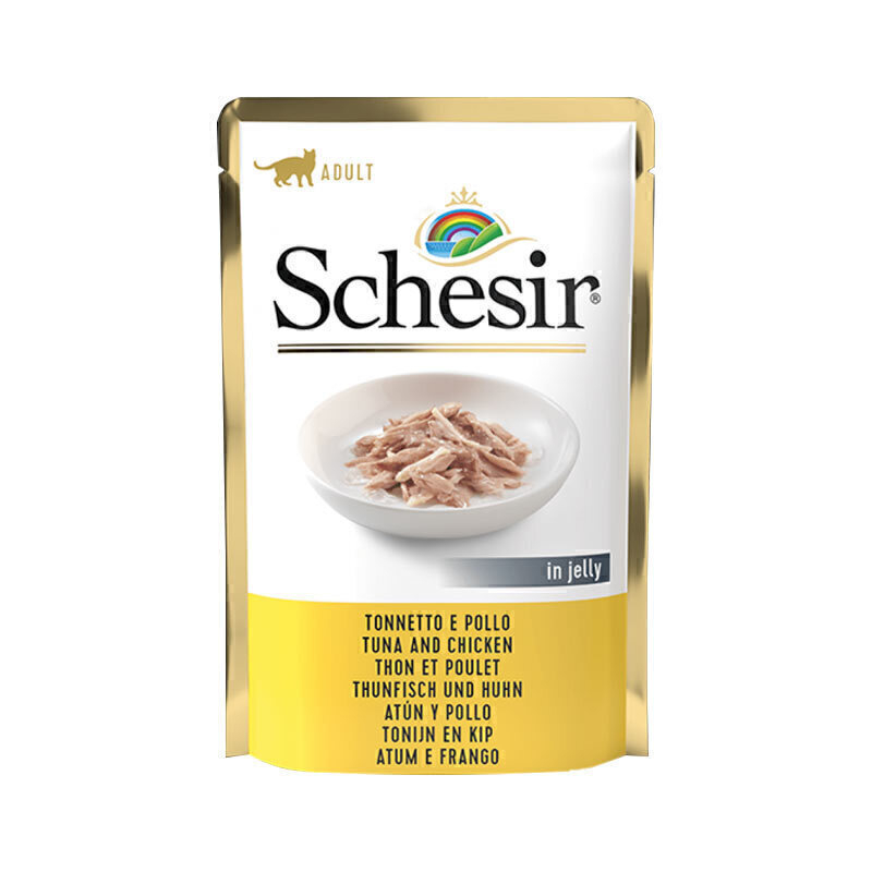  تصویر پوچ گربه شسیر با طعم ماهی تن و فیله ی مرغ در ژله وزن 85 گرم از نمای رو به رو 