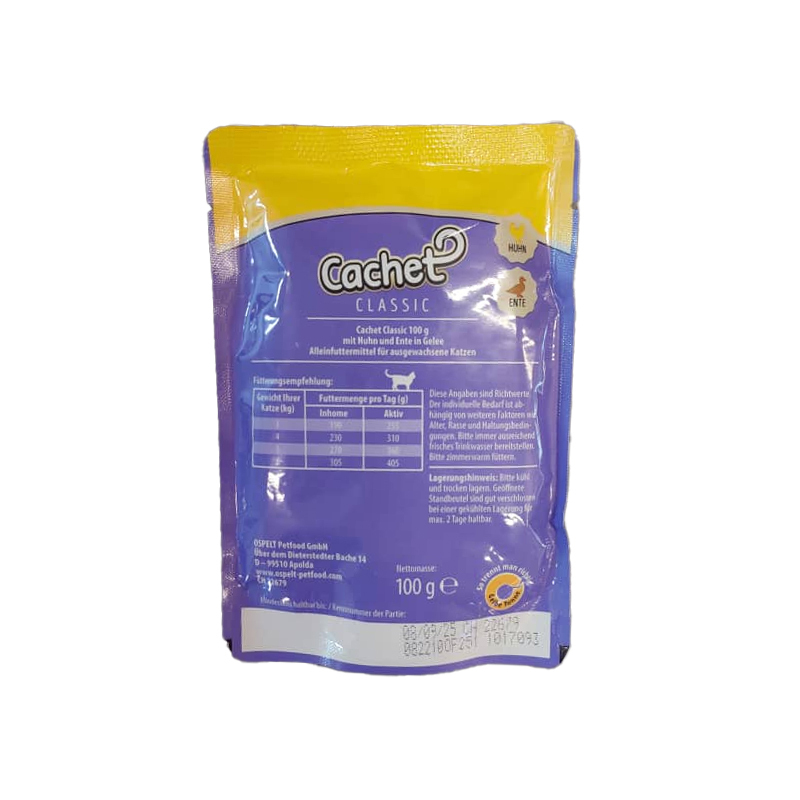 تصویر پشت پوچ گربه کچت با طعم مرغ و اردک Cachet chicken and duck وزن 100 گرم
