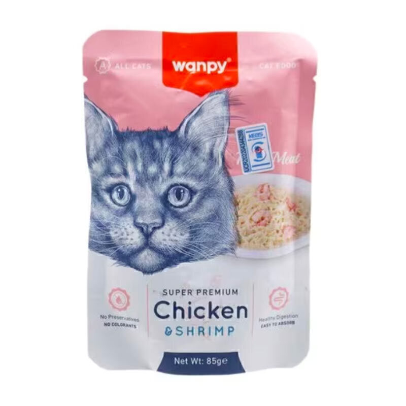  تصویر پوچ گربه سوپر پریمیوم ونپی با طعم مرغ و میگو وزن 85 گرم 