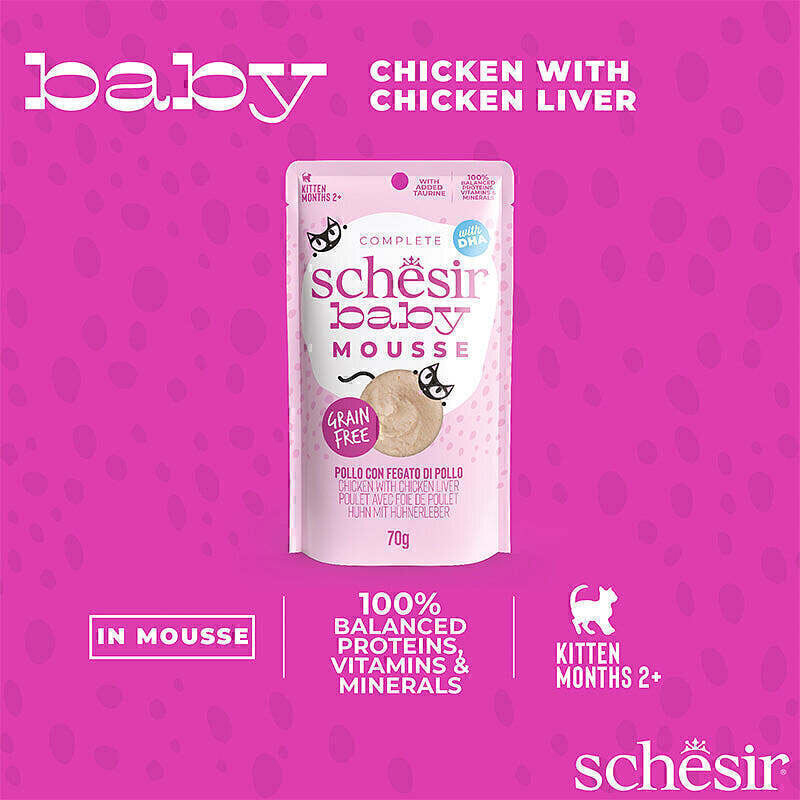  عکس محتویات پوچ بچه گربه شسیر با طعم مرغ و جگر مرغ Schesir Baby Mousse With Chicken and Chicken Liver وزن 70 گرم 
