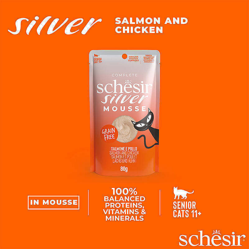عکس ویژگیهای پوچ گربه سیلور شسیر با طعم ماهی سالمون و مرغ Schesir Silver Mousse Chicken & Salmon وزن 80 گرم