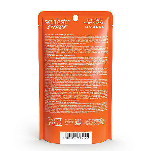 عکس بستهبندی پوچ گربه سیلور شسیر با طعم ماهی سالمون و مرغ Schesir Silver Mousse Chicken & Salmon وزن 80 گرم از نمای پشت